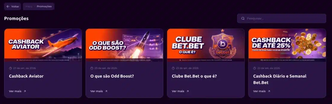 Página de promoções da Bet.Bet com cashback do Aviator, Odd Boost, Clube Bet.Bet e cashback diário e semanal