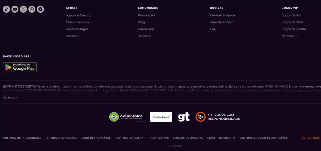 Rodapé da Bet.Bet com o selo Autorizado pelo Ministério da Fazenda, GambleAware e o texto legal da Open Gaming SA