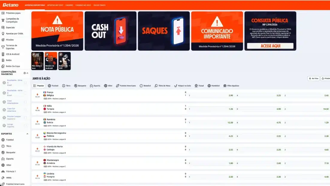 Página inicial de apostas esportivas da Betano com os jogos da Liga das Nações e as odds 1X2