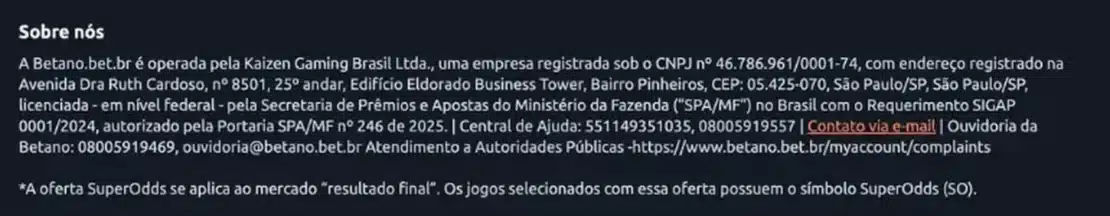 Trecho Sobre nós do rodapé da Betano com o CNPJ da Kaizen Gaming Brasil e a Portaria SPA/MF nº 246 de 2025