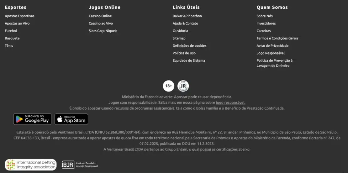 Rodapé da Betboo com o texto legal da Ventmear Brasil, os selos 18+ e Jogo Responsável e os certificados IBIA e IBJR