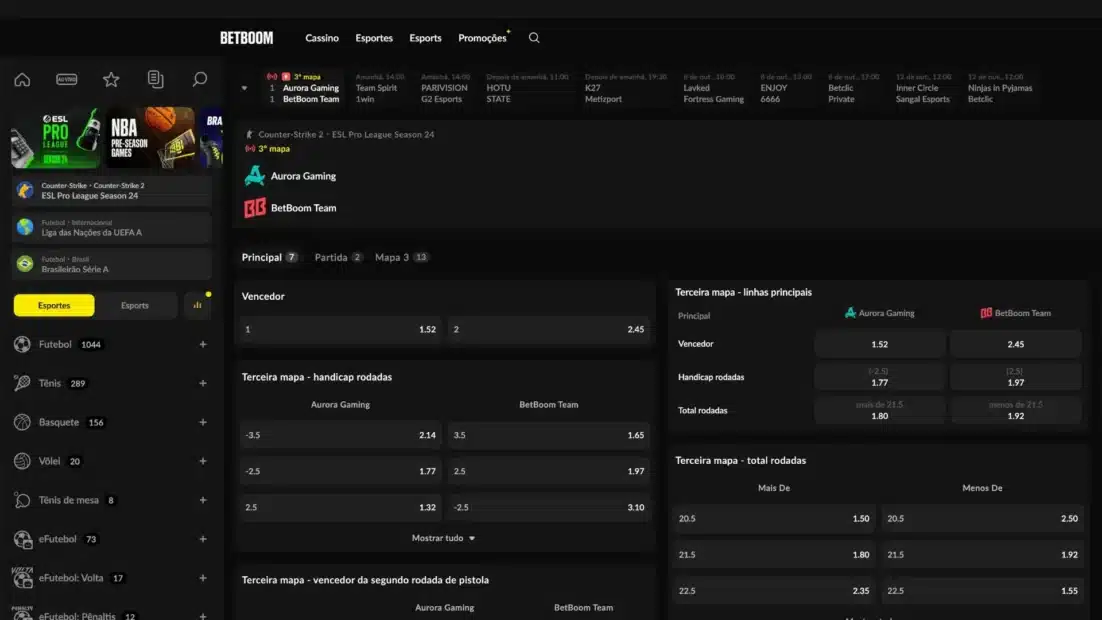Partida de CS2 ao vivo na BetBoom entre Aurora Gaming e BetBoom Team no terceiro mapa, com os mercados principais e de mapa abertos