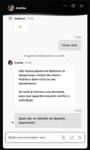 Chat de suporte da BetBoom com a atendente Andréa recebendo a pergunta sobre métodos de depósito