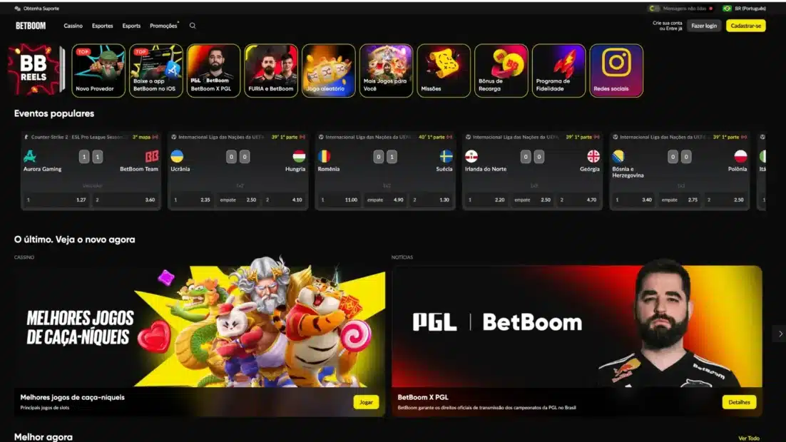 Página inicial da BetBoom com os atalhos de promoções, os eventos populares ao vivo e os destaques de cassino e notícias