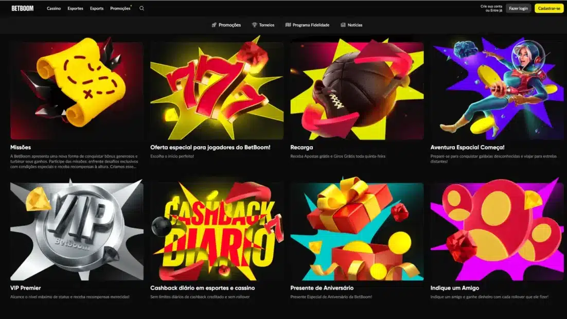Página de promoções da BetBoom com missões, recarga, cashback diário, programa VIP e indique um amigo