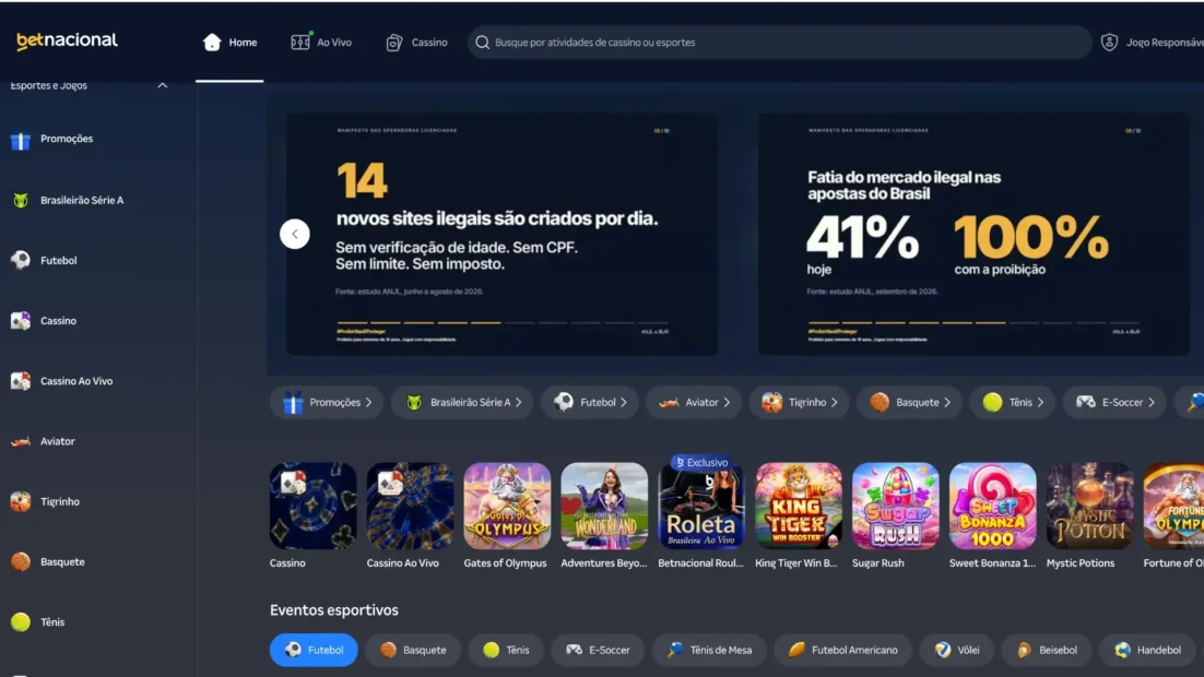 Página inicial da Betnacional com o menu de esportes à esquerda, os banners do manifesto das operadoras licenciadas e os jogos de cassino em destaque