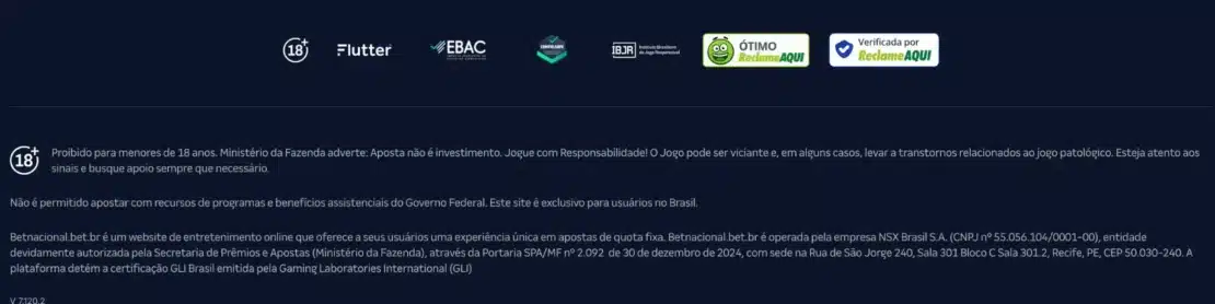 Rodapé da Betnacional com os selos 18+, EBAC, IBJR e Reclame AQUI e o texto legal da NSX Brasil com CNPJ e portaria