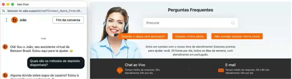 Central de ajuda da Betsson com o assistente virtual João no chat e os tempos de resposta informados para chat e e-mail