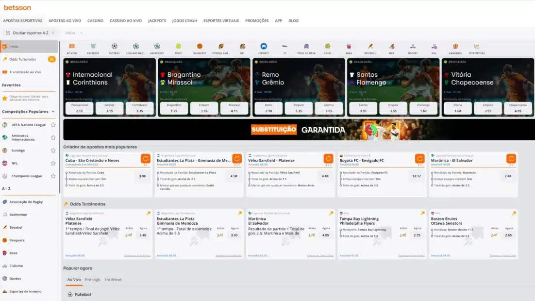 Página inicial de apostas esportivas da Betsson com os jogos do Brasileirão em destaque, criador de apostas e odds turbinadas