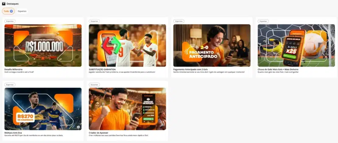 Página de promoções da Betsson com Desafio Milionário, substituição garantida, pagamento antecipado, chuva de gols, múltipla anti zica e criador de apostas