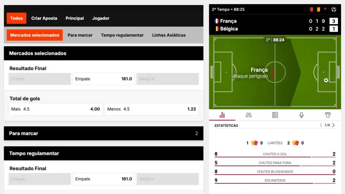 Tela de apostas ao vivo da BetWarrior durante França contra Bélgica aos 88 minutos, com acompanhamento do jogo e estatísticas