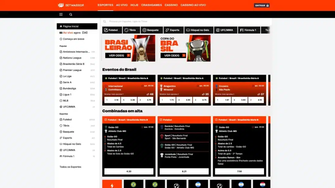 Página inicial de esportes da BetWarrior com os jogos do Brasileirão Série A e as combinadas em destaque