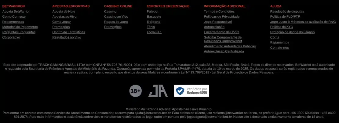 Rodapé da BetWarrior com o texto legal da Track Gaming Brasil, o selo 18+ e o certificado Reclame AQUI