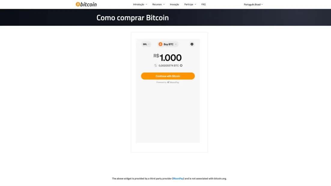 Página Como comprar Bitcoin do site bitcoin.org em português com o widget da MoonPay mostrando R$ 1.000 convertidos em 0,00205574 BTC