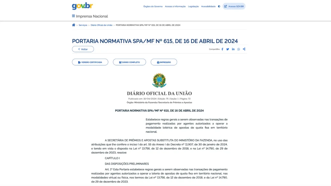 Página do Diário Oficial da União no site da Imprensa Nacional com o cabeçalho e o artigo 1º da Portaria Normativa SPA/MF nº 615, de 16 de abril de 2024