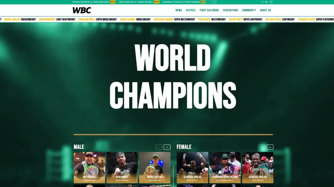 Página World Champions do WBC com os campeões mundiais por categoria de peso, no masculino e no feminino
