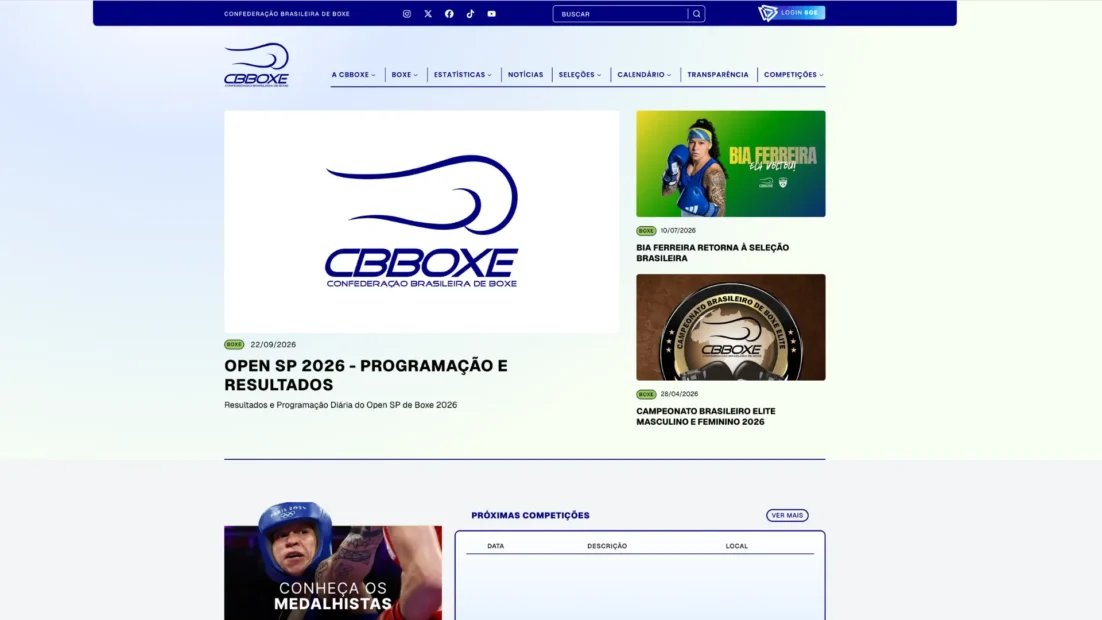 Página inicial da Confederação Brasileira de Boxe com notícias do Open SP 2026 e de Bia Ferreira
