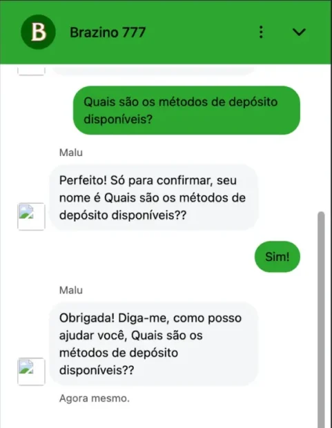 Chat de suporte da Brazino777 em que a atendente Malu confunde a pergunta do usuário com o nome dele