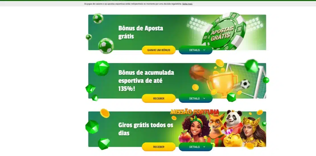 Página de promoções da Brazino777 com o aviso de indisponibilidade por decisão regulatória acima das ofertas de bônus