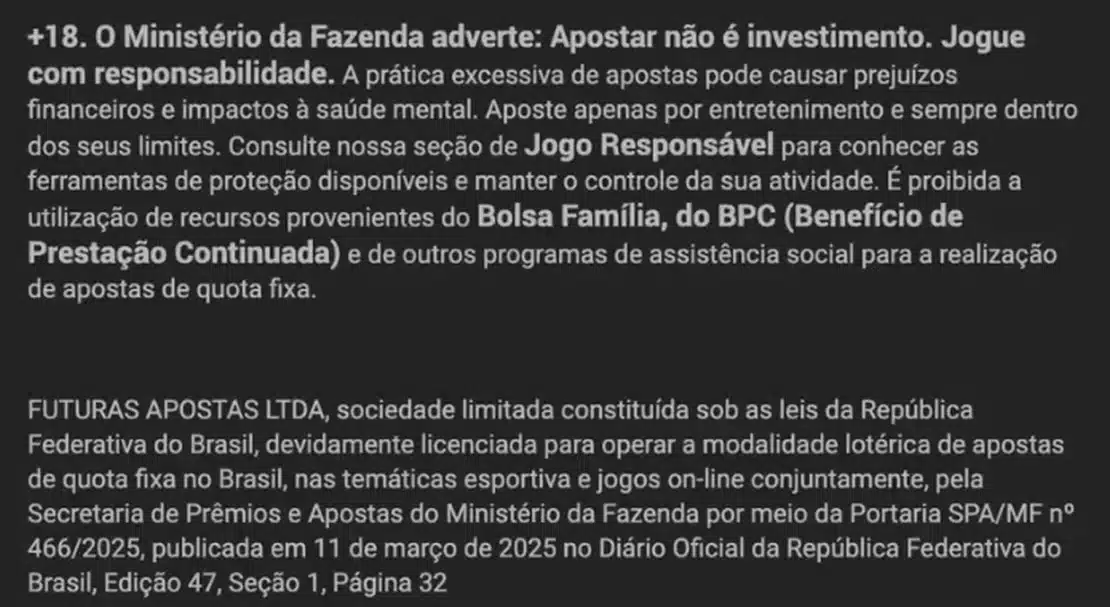 Texto legal no rodapé da Brazino777 com a Futuras Apostas Ltda e a Portaria SPA/MF nº 466/2025 publicada no Diário Oficial