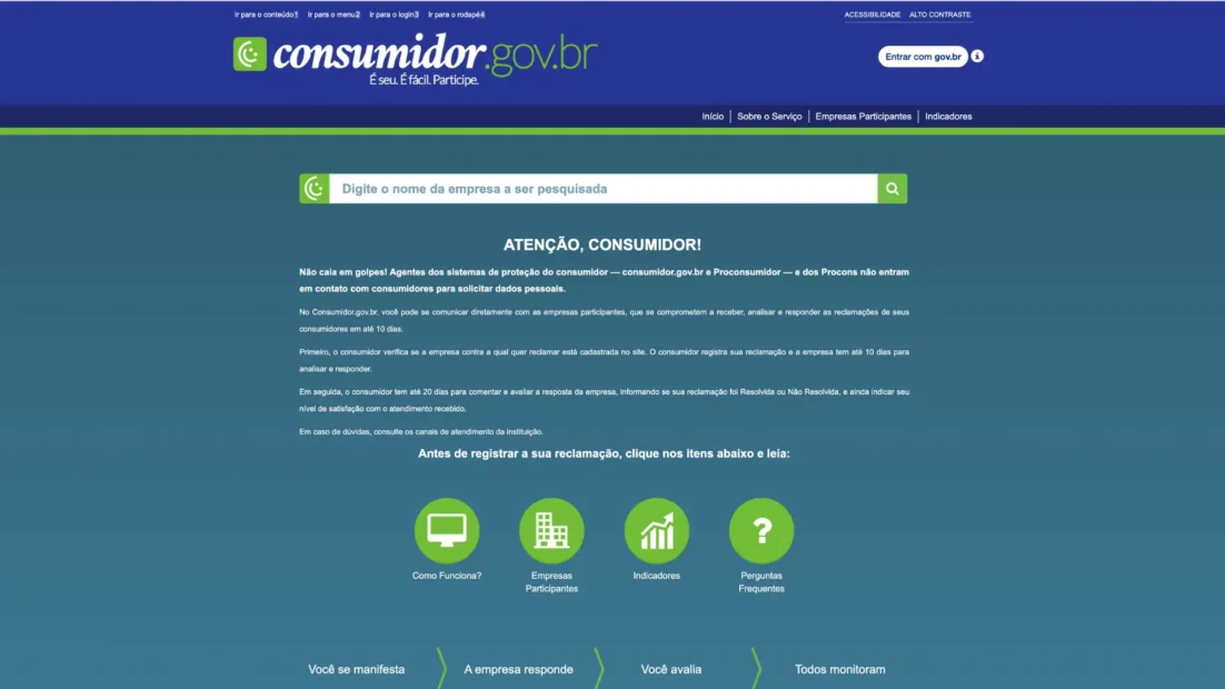 Página inicial do consumidor.gov.br com a busca de empresas, o aviso Atenção, consumidor e as etapas Você se manifesta, A empresa responde, Você avalia e Todos monitoram