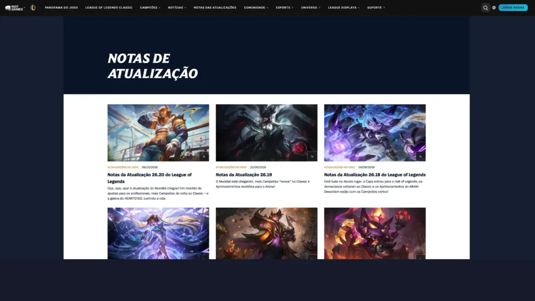 Página de notas de atualização do League of Legends com as versões 26.18, 26.19 e 26.20