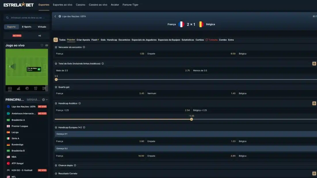 Jogo ao vivo na EstrelaBet entre França e Bélgica aos 85 minutos com acompanhamento em campo e mercados de handicap asiático e europeu