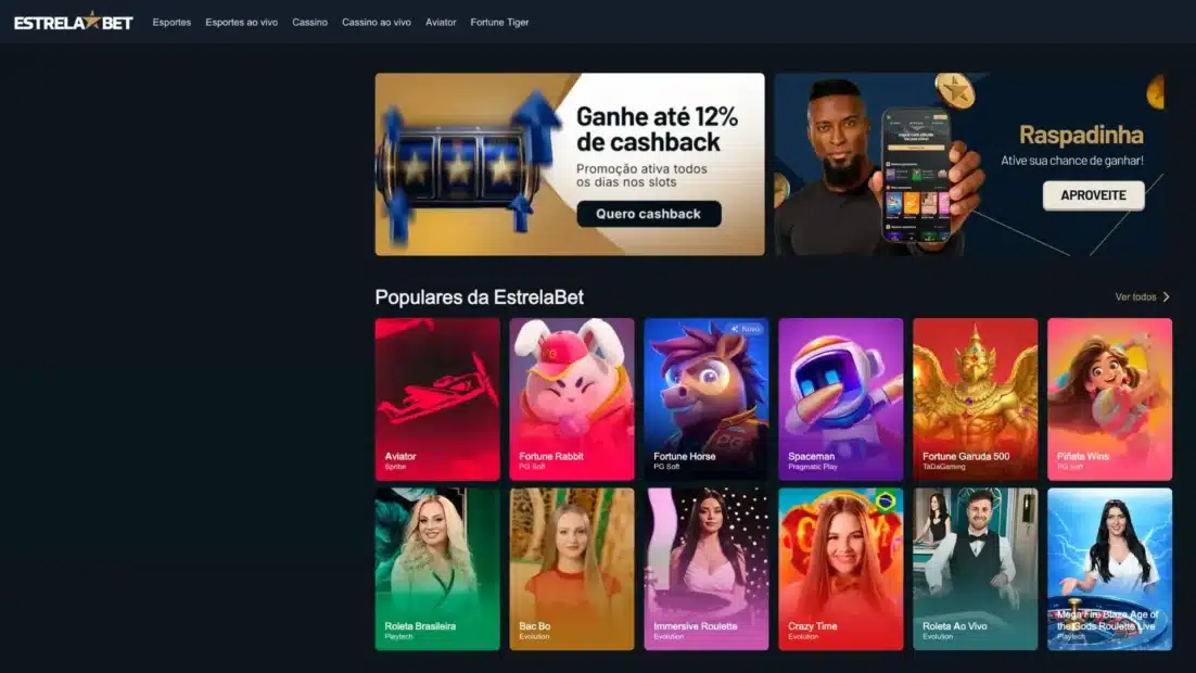 Lobby de cassino da EstrelaBet com os jogos populares da casa, incluindo Aviator, Fortune Rabbit e mesas de roleta ao vivo