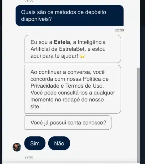 Chat da EstrelaBet em que a assistente Estela se apresenta como inteligência artificial e pergunta se o usuário já tem conta