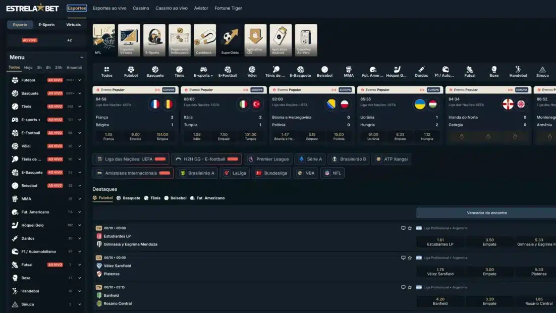 Seção de esportes da EstrelaBet com a barra de modalidades, os eventos populares ao vivo e o menu lateral com a contagem de jogos por esporte
