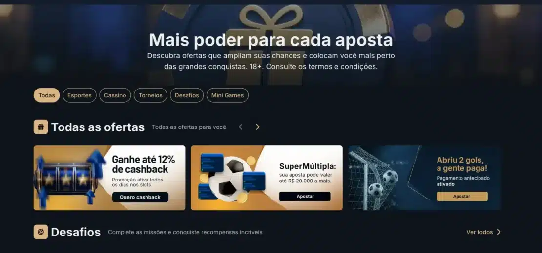 Página de promoções da EstrelaBet com filtros por categoria e as ofertas de cashback, SuperMúltipla e pagamento antecipado