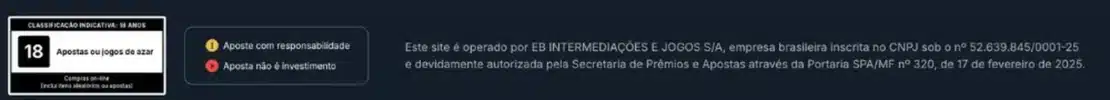 Texto legal no rodapé da EstrelaBet com a EB Intermediações e Jogos, o CNPJ e a Portaria SPA/MF nº 320