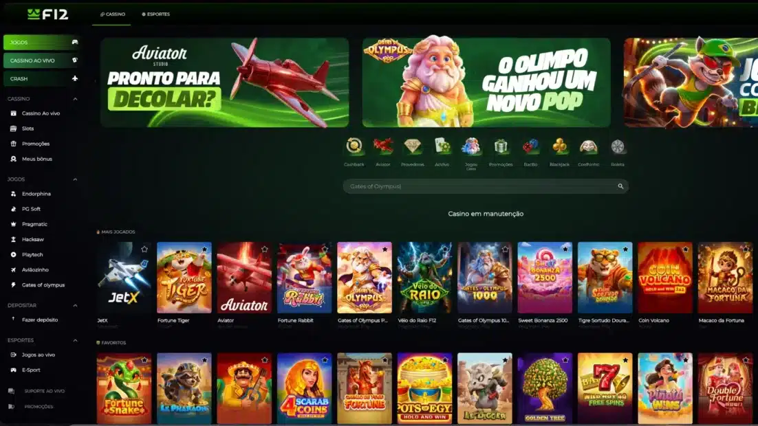 Lobby de cassino da F12.Bet com o aviso de casino em manutenção acima das fileiras de jogos mais jogados e favoritos