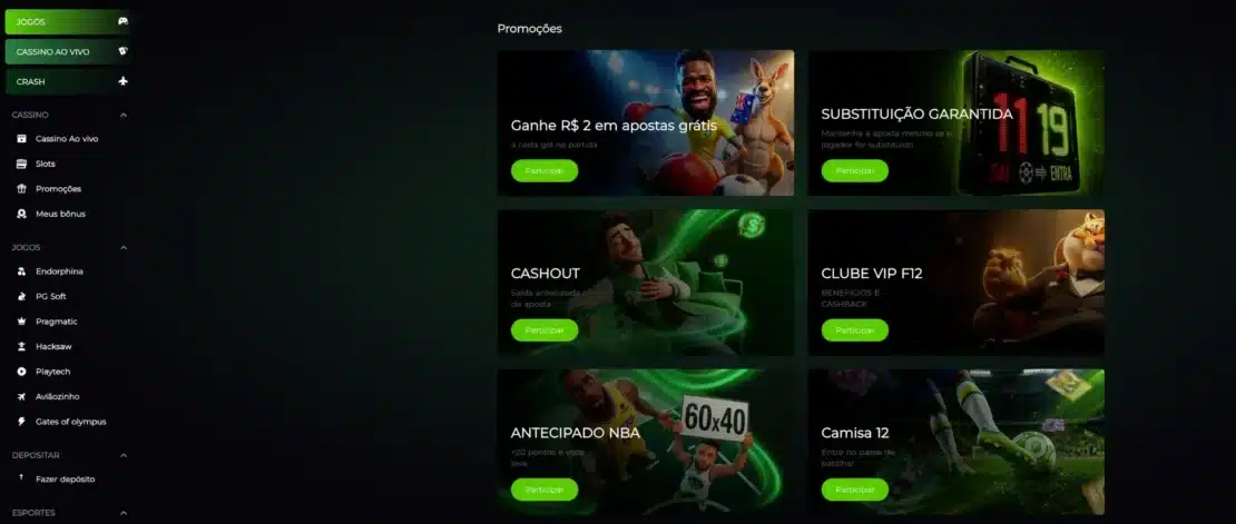 Página de promoções da F12.Bet com apostas grátis por gol, substituição garantida, cashout, clube VIP e pagamento antecipado