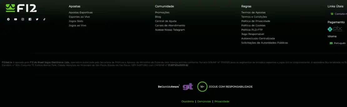 Rodapé da F12.Bet com os links de regras, os selos BeGambleAware e 18+ e o texto legal da F12 do Brasil Jogos Eletrônicos