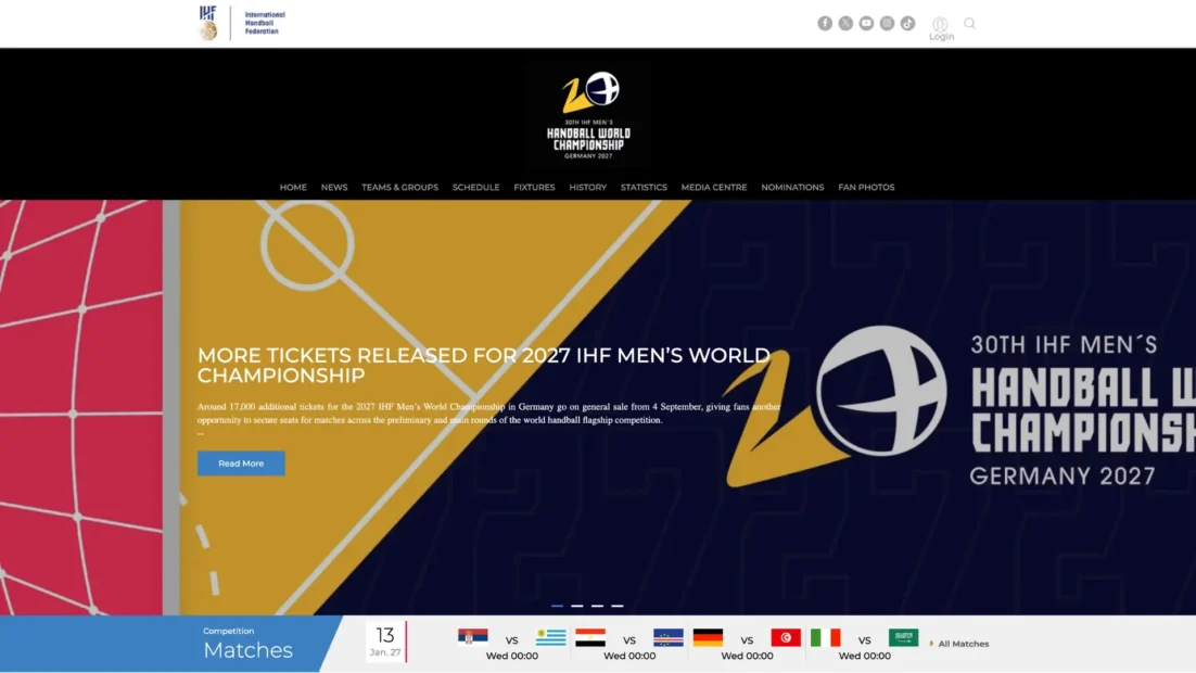 Página do Mundial masculino de handebol de 2027 na Alemanha, no site da IHF