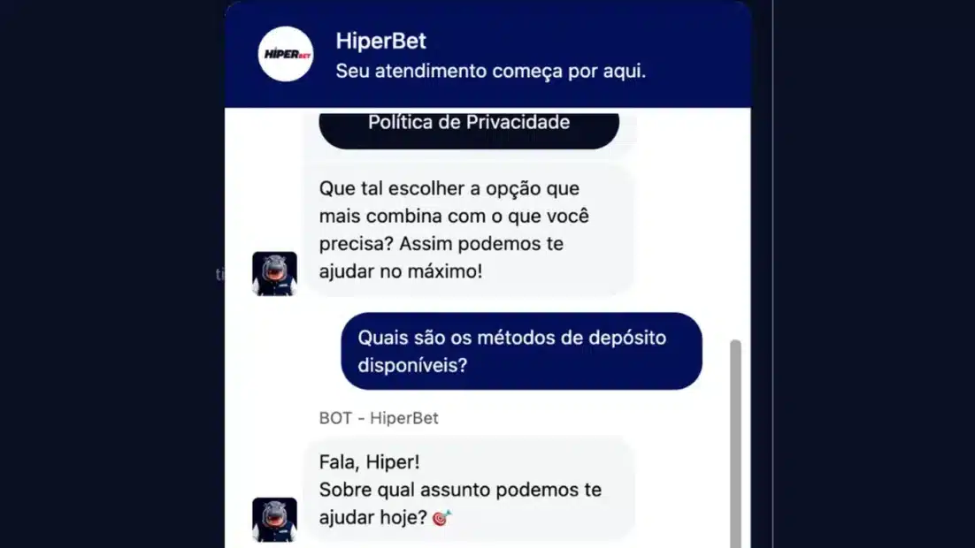 Chat de atendimento da HiperBet com a pergunta sobre os métodos de depósito disponíveis e a resposta do bot perguntando sobre qual assunto pode ajudar