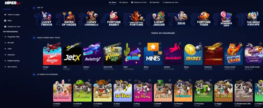 Página inicial da HiperBet com o menu Home, Cassino e Esportes, o Top 10 de jogos, a fileira de crash games como Aviator e JetX e o aviso Casino em manutenção