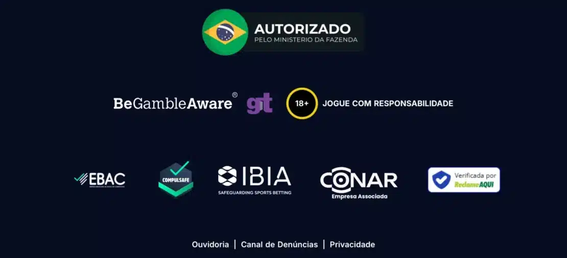 Rodapé do site da HiperBet com o selo Autorizado pelo Ministério da Fazenda, o aviso 18+ Jogue com responsabilidade e os logos BeGambleAware, EBAC, Compulsafe, IBIA, CONAR e Reclame Aqui