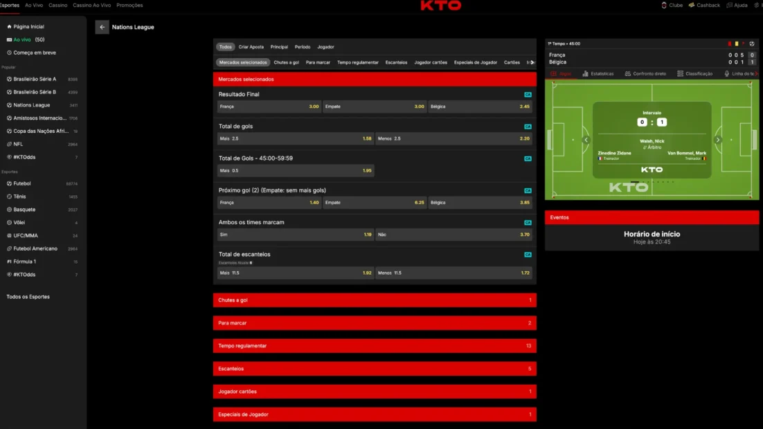 Partida França x Bélgica da Nations League ao vivo na KTO, no intervalo com 0 a 1 no placar, com os mercados resultado final, total de gols, próximo gol, ambos os times marcam e total de escanteios