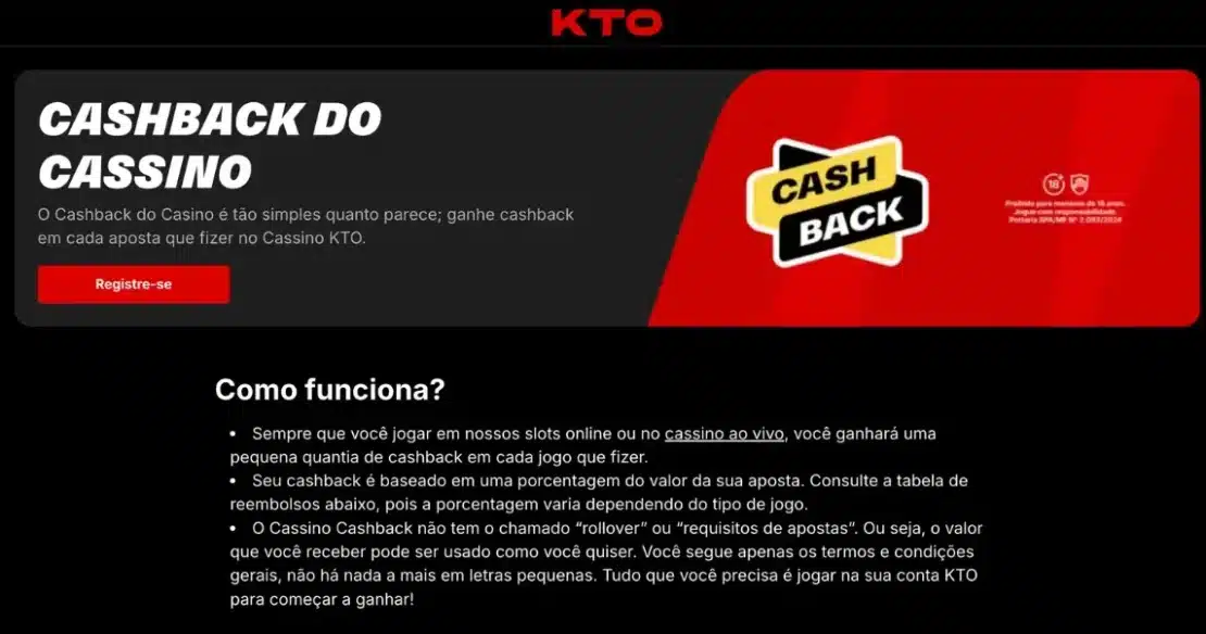 Página da promoção Cashback do Cassino da KTO com o banner, o botão Registre-se e a seção Como funciona