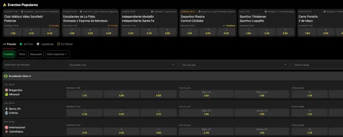 Seção de esportes da KTO com os eventos populares e jogos do Brasileirão Série A, com as colunas resultado final, total de gols e chance dupla lado a lado