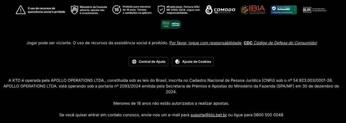 Rodapé do site da KTO com os avisos de jogo responsável, os selos IBIA, Reclame Aqui e IBJR e o texto que identifica a operadora Apollo Operations LTDA, o CNPJ e a portaria SPA/MF nº 2093/2024