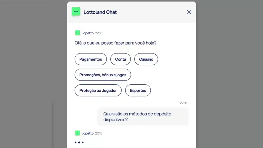 Chat da Lottoland com a saudação de Lopetto, o menu de temas como Pagamentos, Conta e Esportes e a pergunta sobre os métodos de depósito disponíveis enviada às 22h16