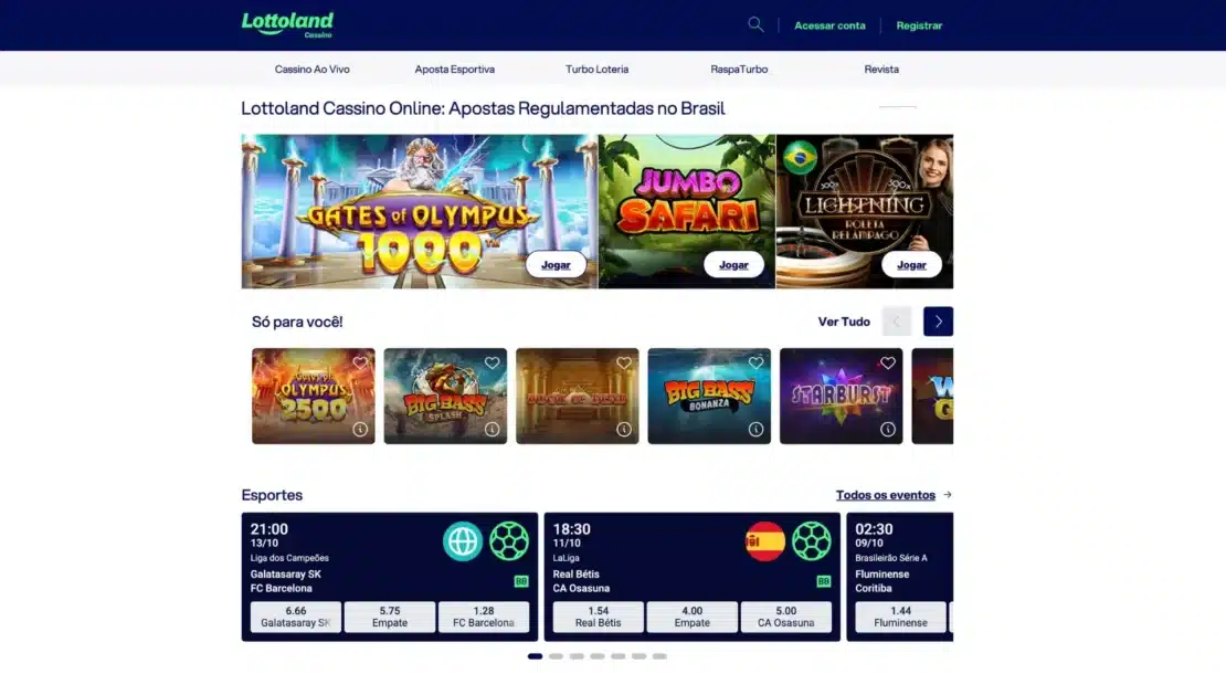 Página inicial da Lottoland com o menu Cassino Ao Vivo, Aposta Esportiva, Turbo Loteria e RaspaTurbo, os destaques de cassino e a faixa de esportes com as cotações de Galatasaray x Barcelona e Real Bétis x Osasuna