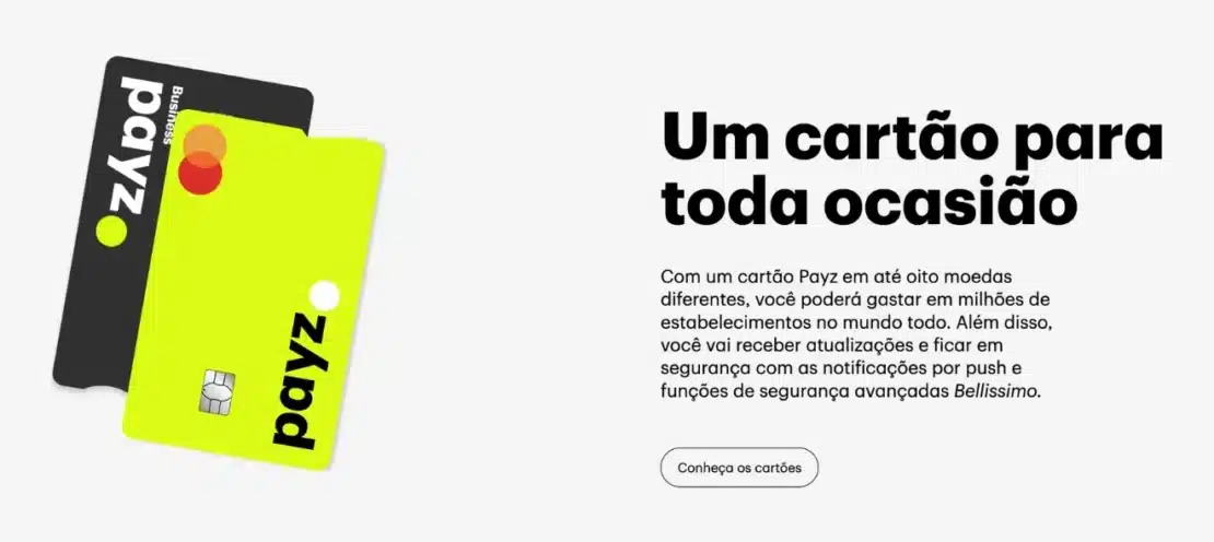 Seção do site da Payz com dois cartões Payz, um preto e um verde-limão, e o título Um cartão para toda ocasião