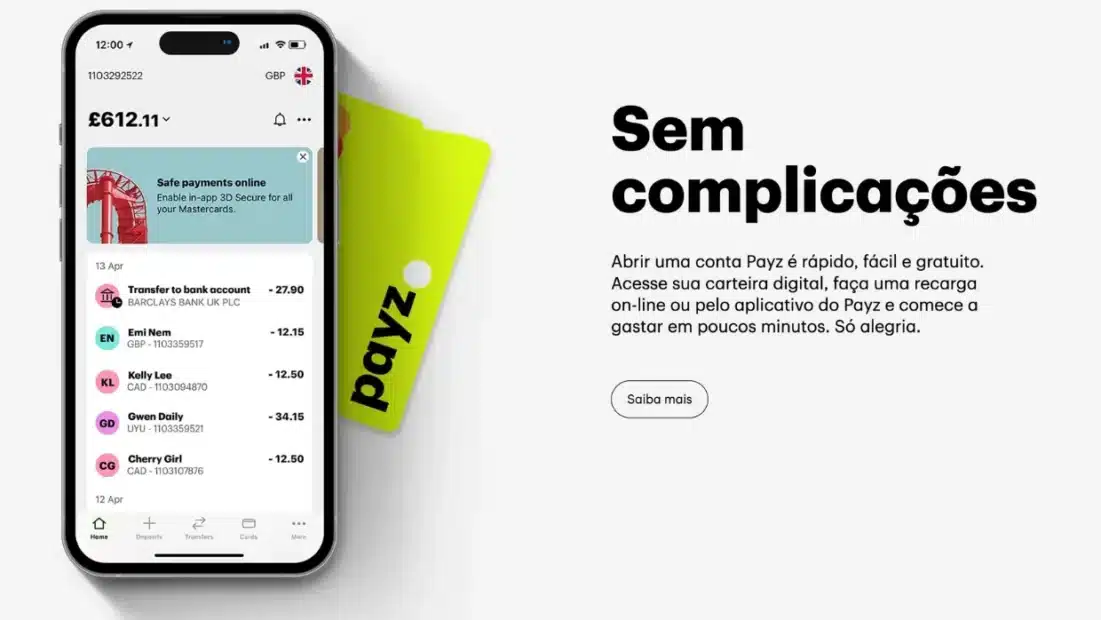 Seção do site da Payz com o aplicativo em um celular, um cartão Payz ao fundo e o título Sem complicações sobre a abertura da conta