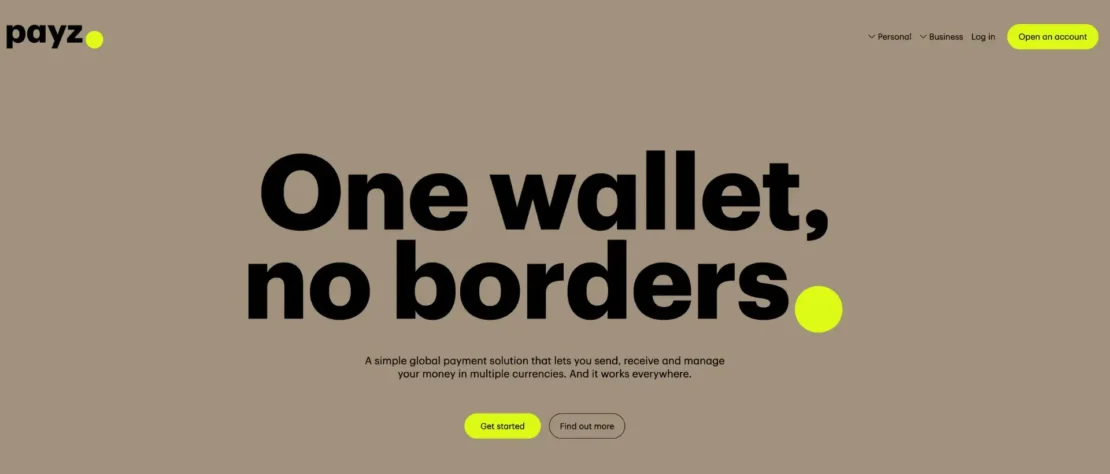 Página inicial da Payz em inglês com o logotipo payz, o título One wallet, no borders e os botões Get started e Find out more