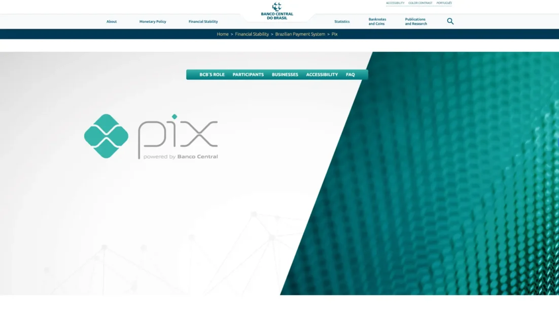 Página do Pix no site do Banco Central do Brasil, versão em inglês, com o logotipo Pix e a assinatura powered by Banco Central
