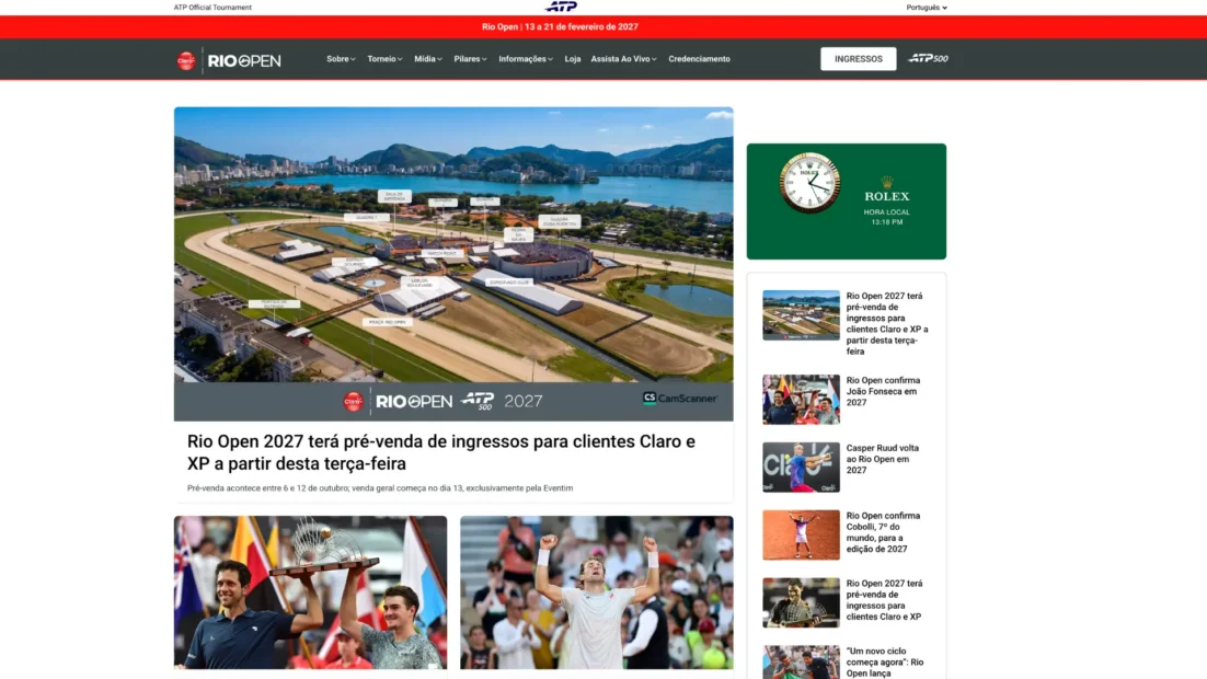 Página inicial do Rio Open com a data da edição de 2027 e as notícias sobre os jogadores confirmados